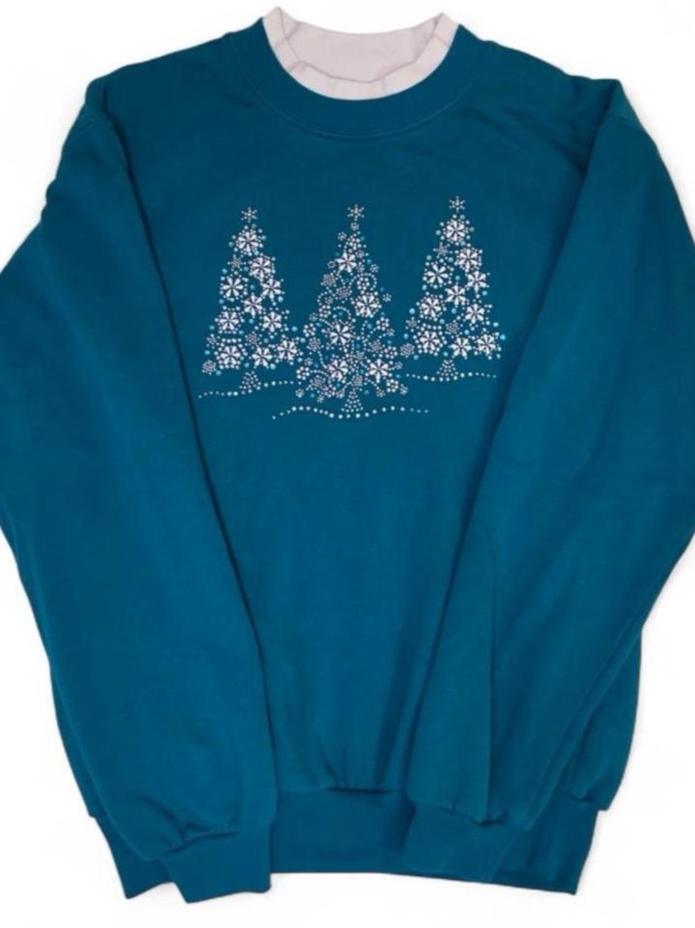90s Christmas Holiday Sweatshirt Blue Teal Floral Stud S/M Oversized